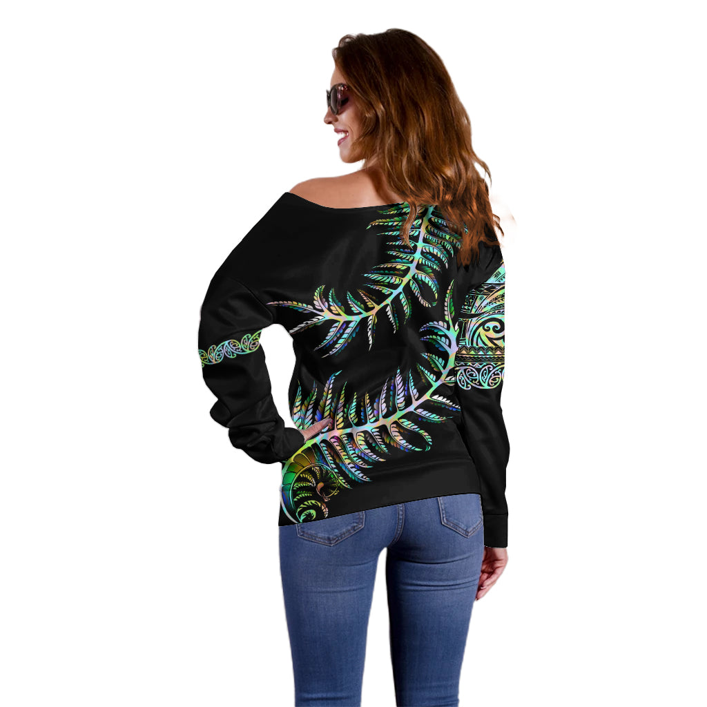 New Zealand Off Shoulder Sweater Aotearoa Silver Fern Mixed Papua Shell Green Vibe LT9 - Polynesian Pride