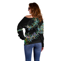New Zealand Off Shoulder Sweater Aotearoa Silver Fern Mixed Papua Shell Green Vibe LT9 - Polynesian Pride