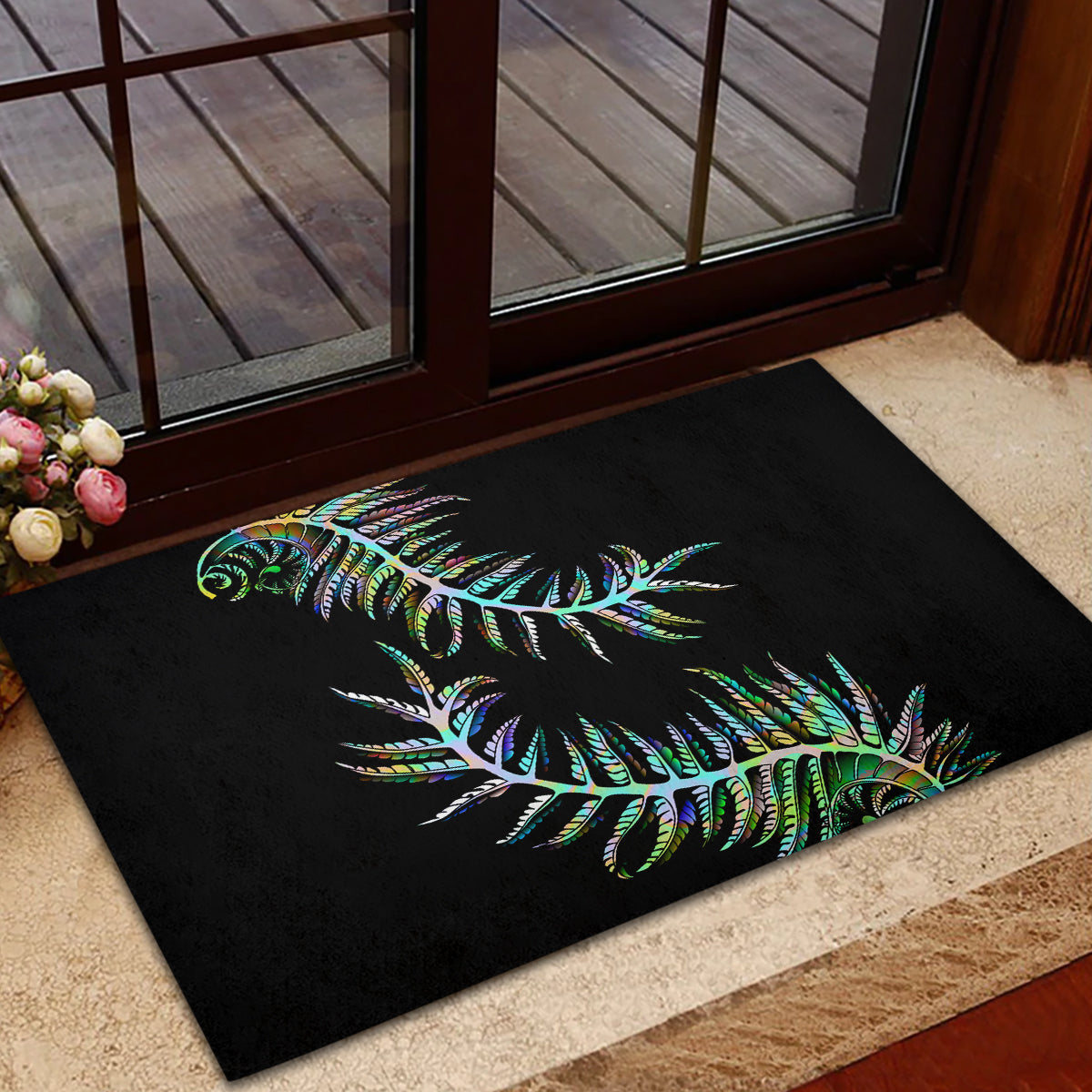 New Zealand Rubber Doormat Aotearoa Silver Fern Mixed Papua Shell Green Vibe LT9 - Polynesian Pride
