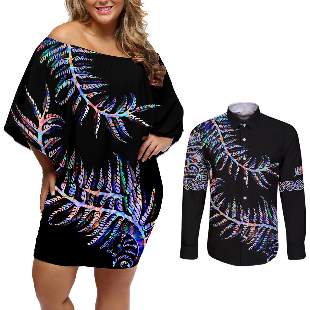 New Zealand Couples Matching Off Shoulder Short Dress and Long Sleeve Button Shirt Aotearoa Silver Fern Mixed Papua Shell Purple Vibe LT9 Purple - Polynesian Pride