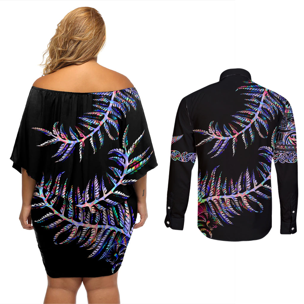 New Zealand Couples Matching Off Shoulder Short Dress and Long Sleeve Button Shirt Aotearoa Silver Fern Mixed Papua Shell Purple Vibe LT9 - Polynesian Pride