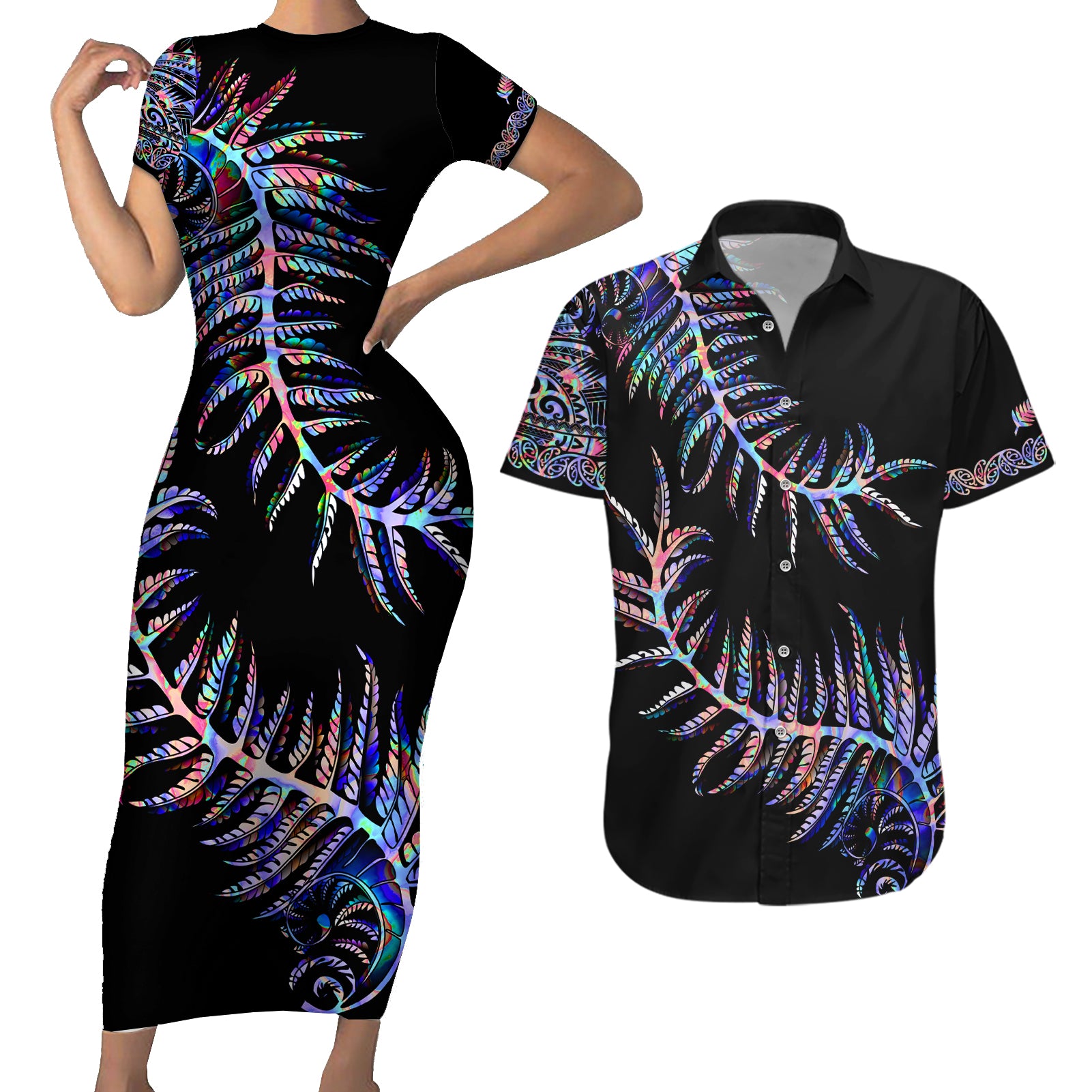 New Zealand Couples Matching Short Sleeve Bodycon Dress and Hawaiian Shirt Aotearoa Silver Fern Mixed Papua Shell Purple Vibe LT9 Purple - Polynesian Pride