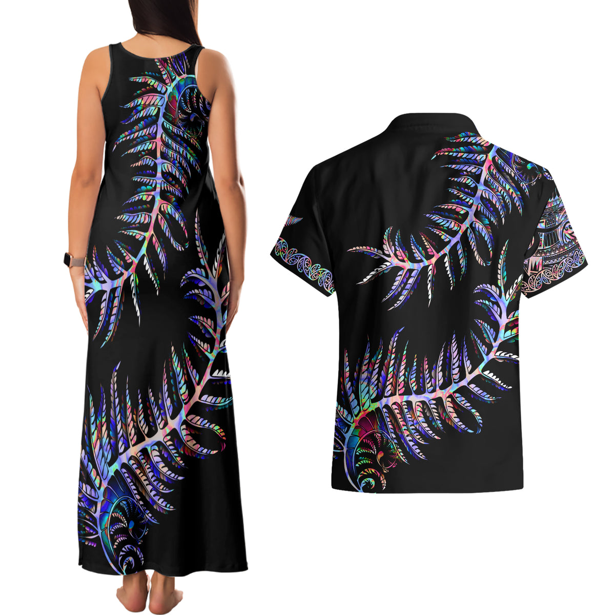 New Zealand Couples Matching Tank Maxi Dress and Hawaiian Shirt Aotearoa Silver Fern Mixed Papua Shell Purple Vibe LT9 - Polynesian Pride