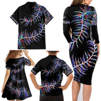 New Zealand Family Matching Long Sleeve Bodycon Dress and Hawaiian Shirt Aotearoa Silver Fern Mixed Papua Shell Purple Vibe LT9 - Polynesian Pride