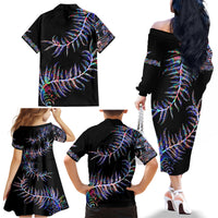 New Zealand Family Matching Off Shoulder Long Sleeve Dress and Hawaiian Shirt Aotearoa Silver Fern Mixed Papua Shell Purple Vibe LT9 - Polynesian Pride