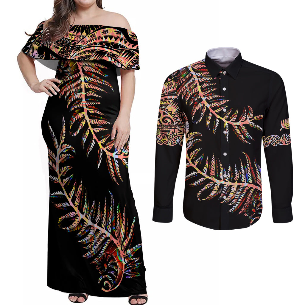 New Zealand Couples Matching Off Shoulder Maxi Dress and Long Sleeve Button Shirt Aotearoa Silver Fern Mixed Papua Shell Red Vibe LT9 Red - Polynesian Pride