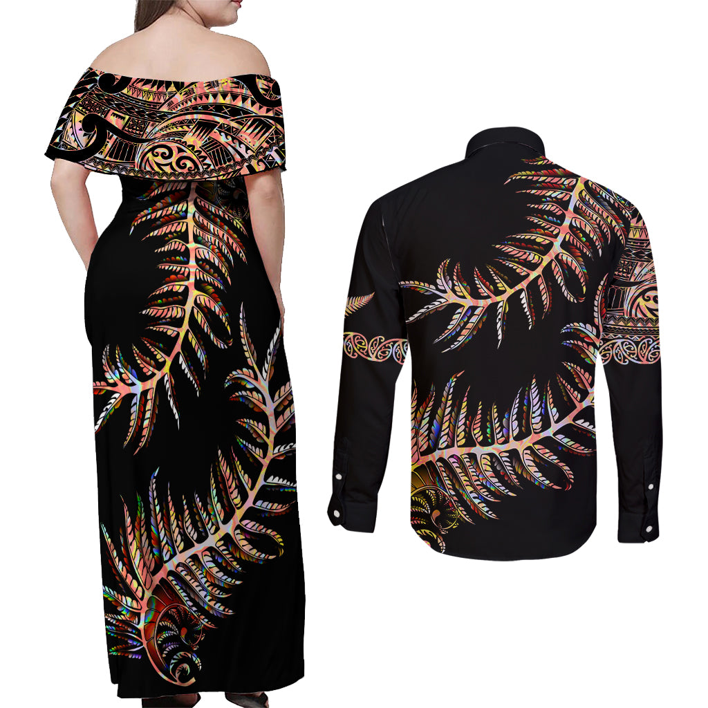 New Zealand Couples Matching Off Shoulder Maxi Dress and Long Sleeve Button Shirt Aotearoa Silver Fern Mixed Papua Shell Red Vibe LT9 - Polynesian Pride