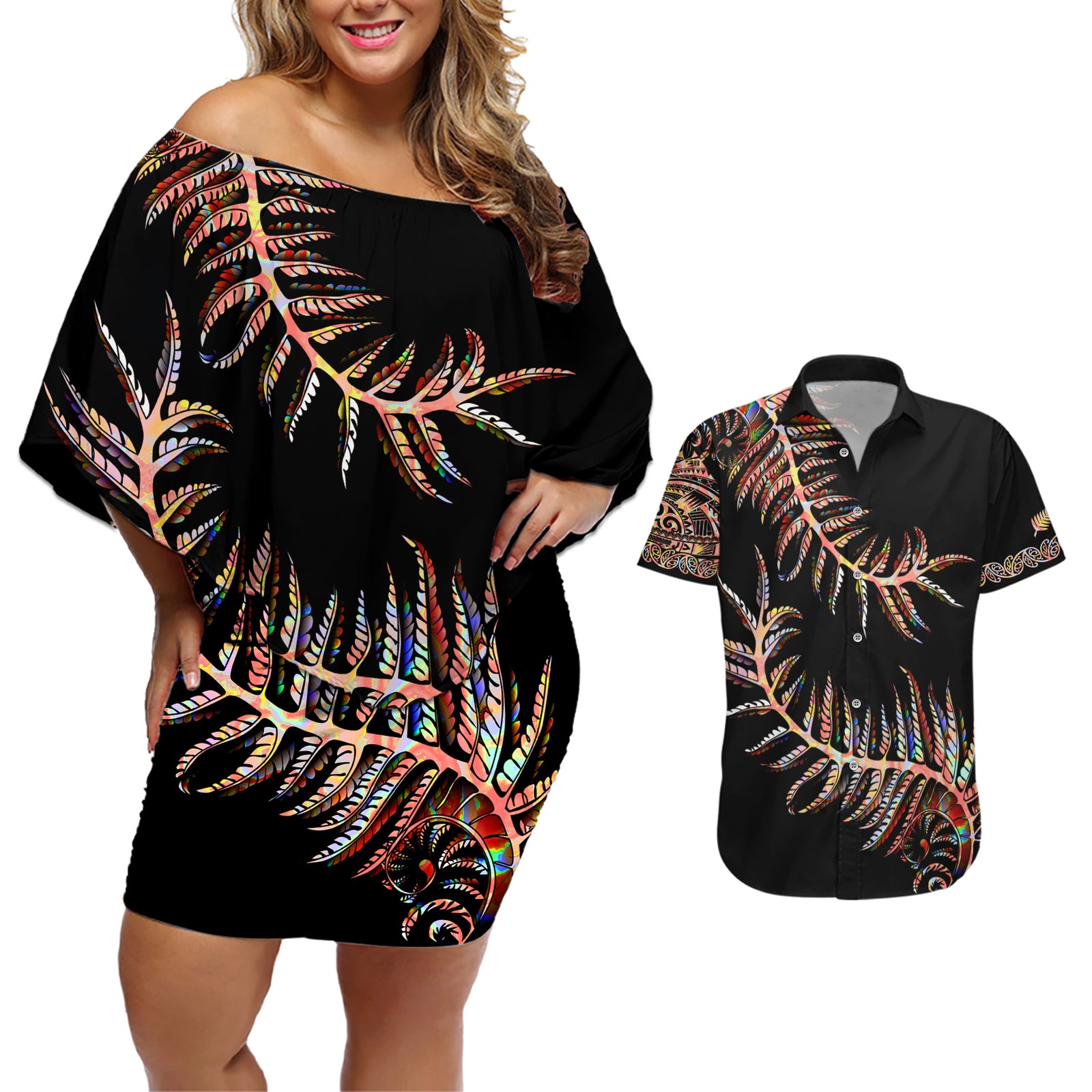 New Zealand Couples Matching Off Shoulder Short Dress and Hawaiian Shirt Aotearoa Silver Fern Mixed Papua Shell Red Vibe LT9 Red - Polynesian Pride