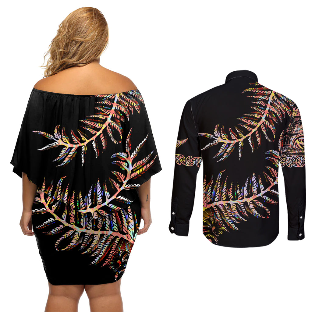 New Zealand Couples Matching Off Shoulder Short Dress and Long Sleeve Button Shirt Aotearoa Silver Fern Mixed Papua Shell Red Vibe LT9 - Polynesian Pride
