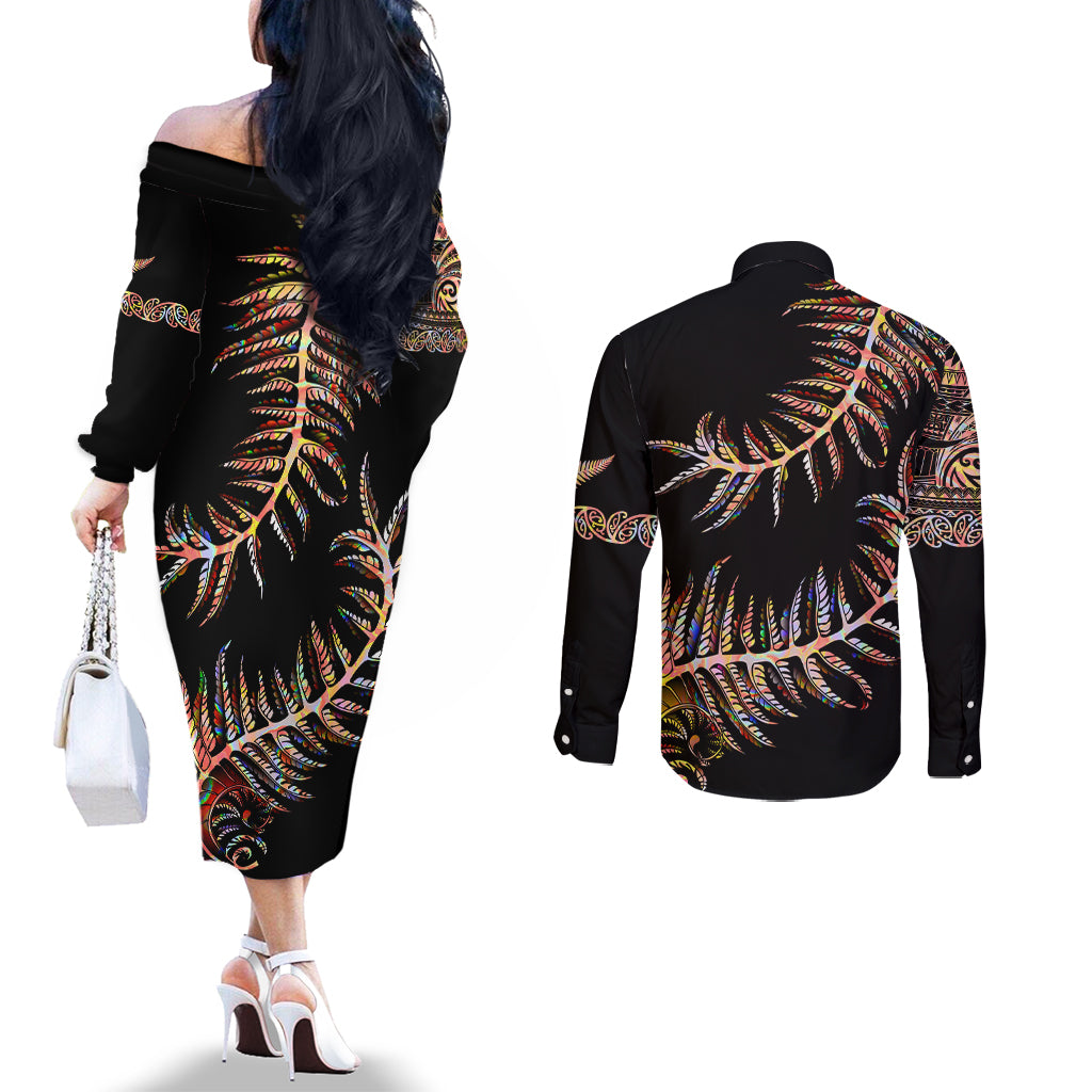 New Zealand Couples Matching Off The Shoulder Long Sleeve Dress and Long Sleeve Button Shirt Aotearoa Silver Fern Mixed Papua Shell Red Vibe LT9 - Polynesian Pride