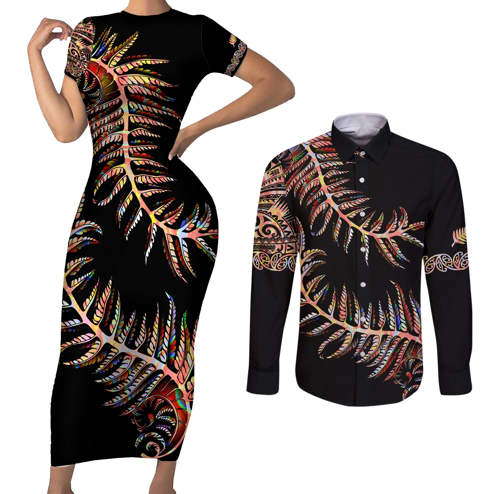 New Zealand Couples Matching Short Sleeve Bodycon Dress and Long Sleeve Button Shirt Aotearoa Silver Fern Mixed Papua Shell Red Vibe LT9 Red - Polynesian Pride