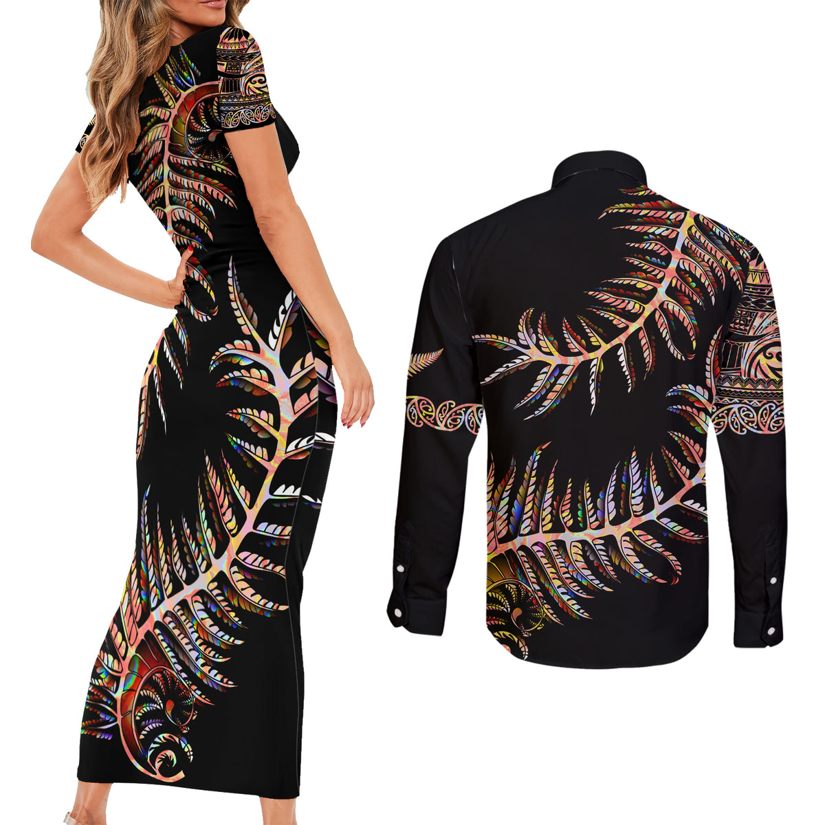 New Zealand Couples Matching Short Sleeve Bodycon Dress and Long Sleeve Button Shirt Aotearoa Silver Fern Mixed Papua Shell Red Vibe LT9 - Polynesian Pride