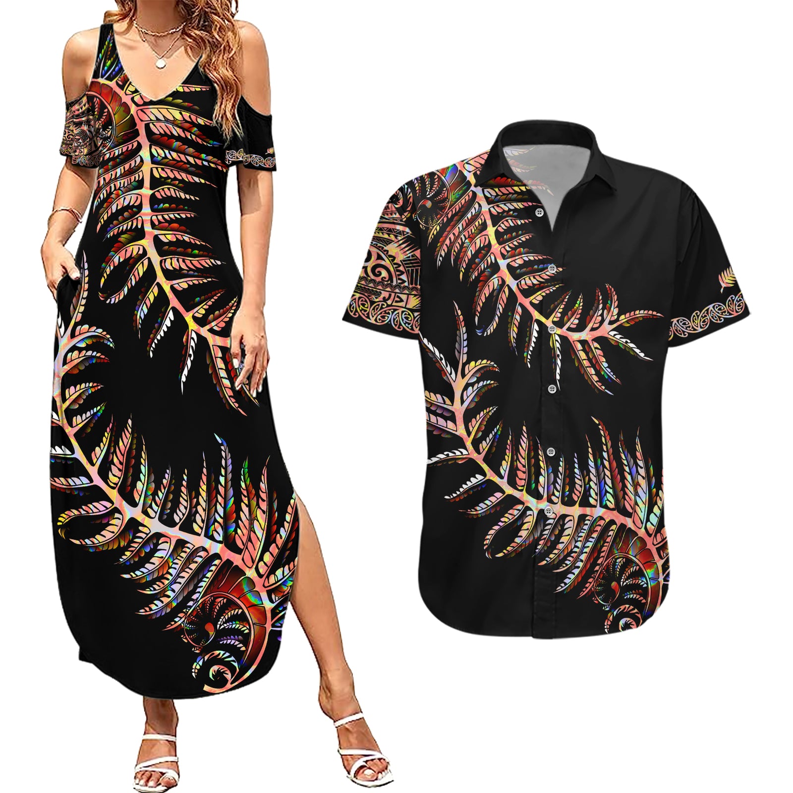 New Zealand Couples Matching Summer Maxi Dress and Hawaiian Shirt Aotearoa Silver Fern Mixed Papua Shell Red Vibe LT9 Red - Polynesian Pride