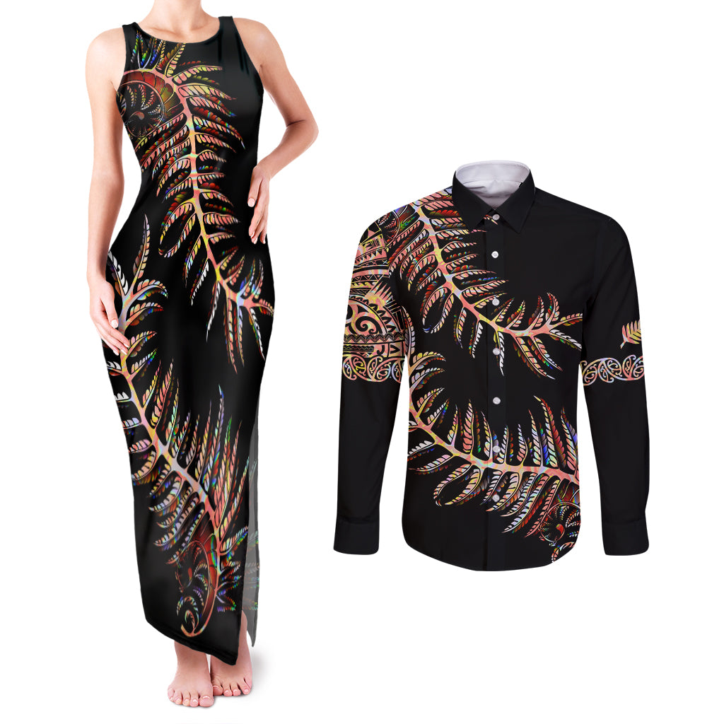 New Zealand Couples Matching Tank Maxi Dress and Long Sleeve Button Shirt Aotearoa Silver Fern Mixed Papua Shell Red Vibe LT9 Red - Polynesian Pride