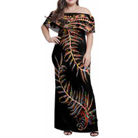 New Zealand Family Matching Off Shoulder Maxi Dress and Hawaiian Shirt Aotearoa Silver Fern Mixed Papua Shell Red Vibe LT9 Mom's Dress Red - Polynesian Pride