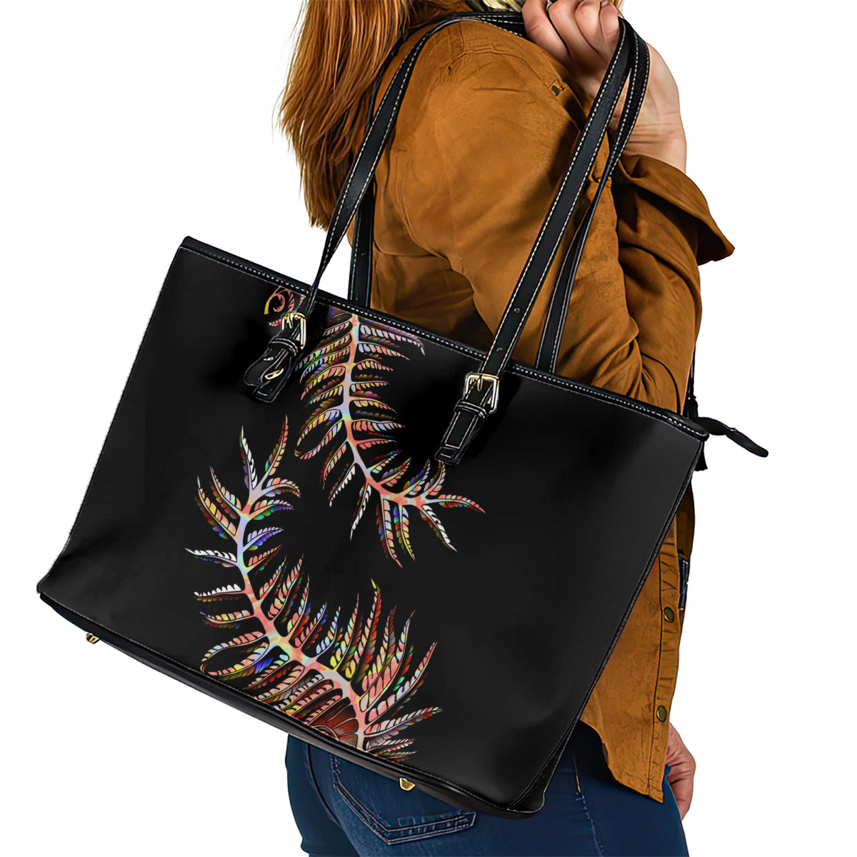 New Zealand Leather Tote Bag Aotearoa Silver Fern Mixed Papua Shell Red Vibe LT9 - Polynesian Pride