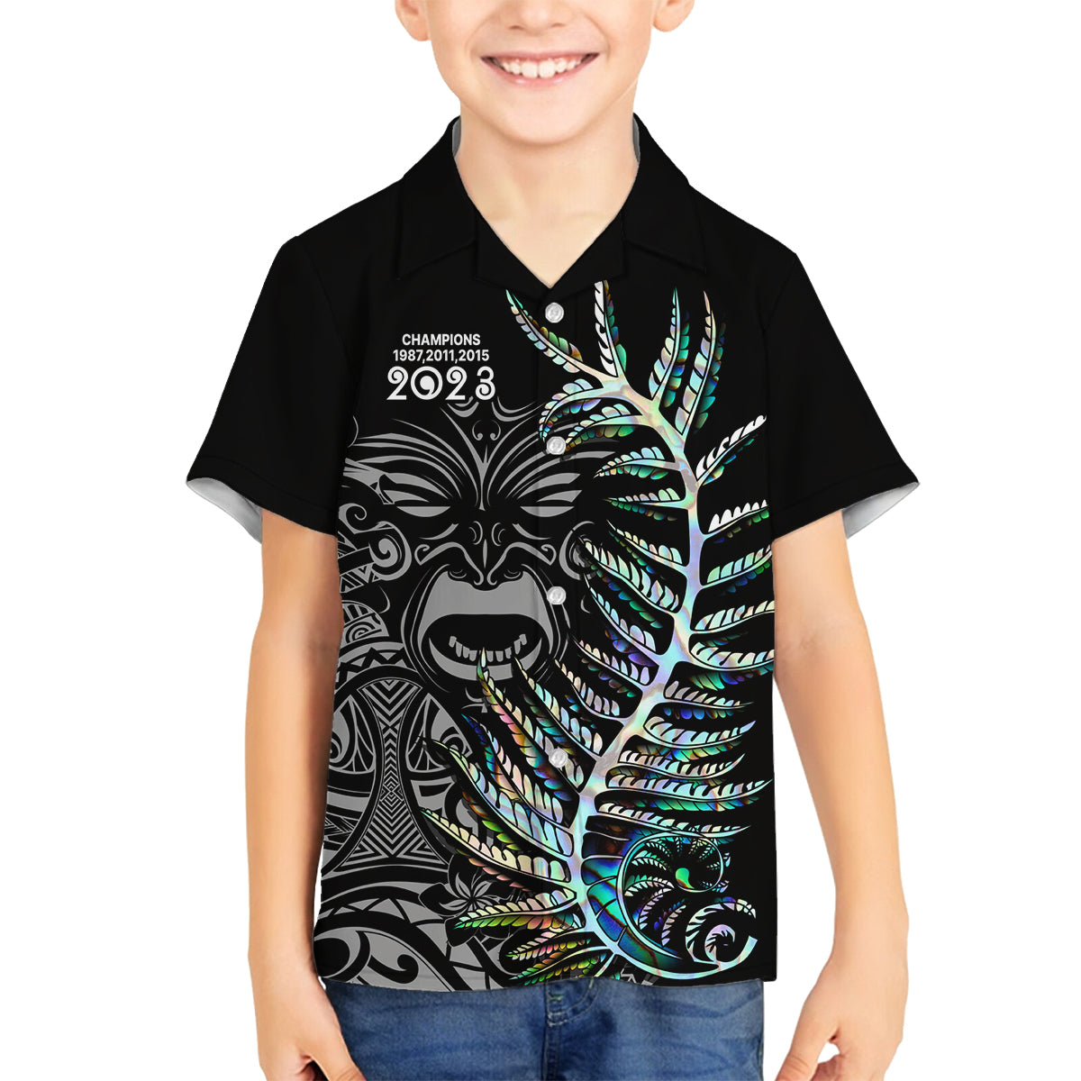 New Zealand Rugby Family Matching Puletasi Dress and Hawaiian Shirt NZ Black Fern Champions History With Papua Shell LT9 Son's Shirt Black - Polynesian Pride