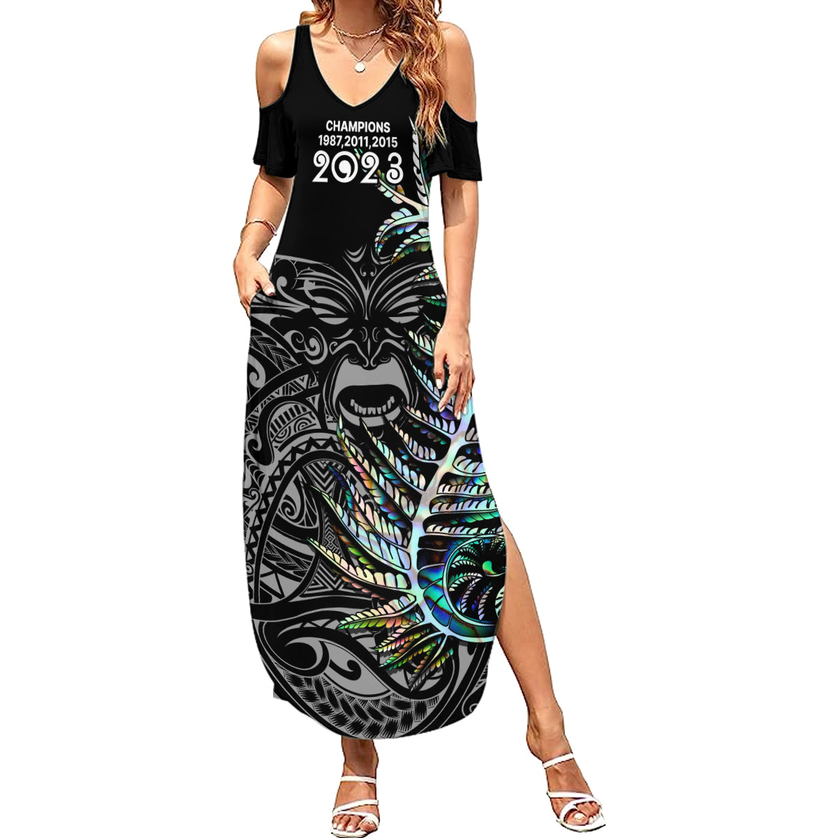 New Zealand Rugby Summer Maxi Dress NZ Black Fern Champions History With Papua Shell LT9 Women Black - Polynesian Pride