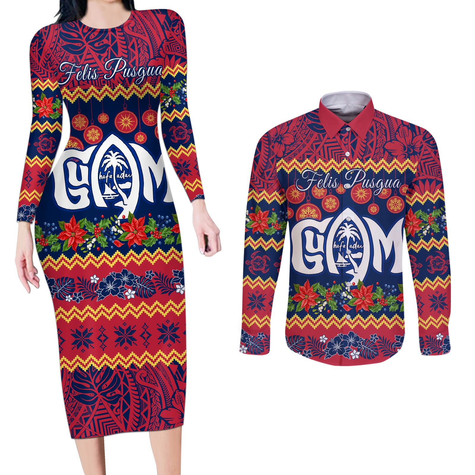 Personalised Guam Christmas Couples Matching Long Sleeve Bodycon Dress and Long Sleeve Button Shirt Felis Pusgua Santa Beach Polynesian Pattern LT9 Blue - Polynesian Pride