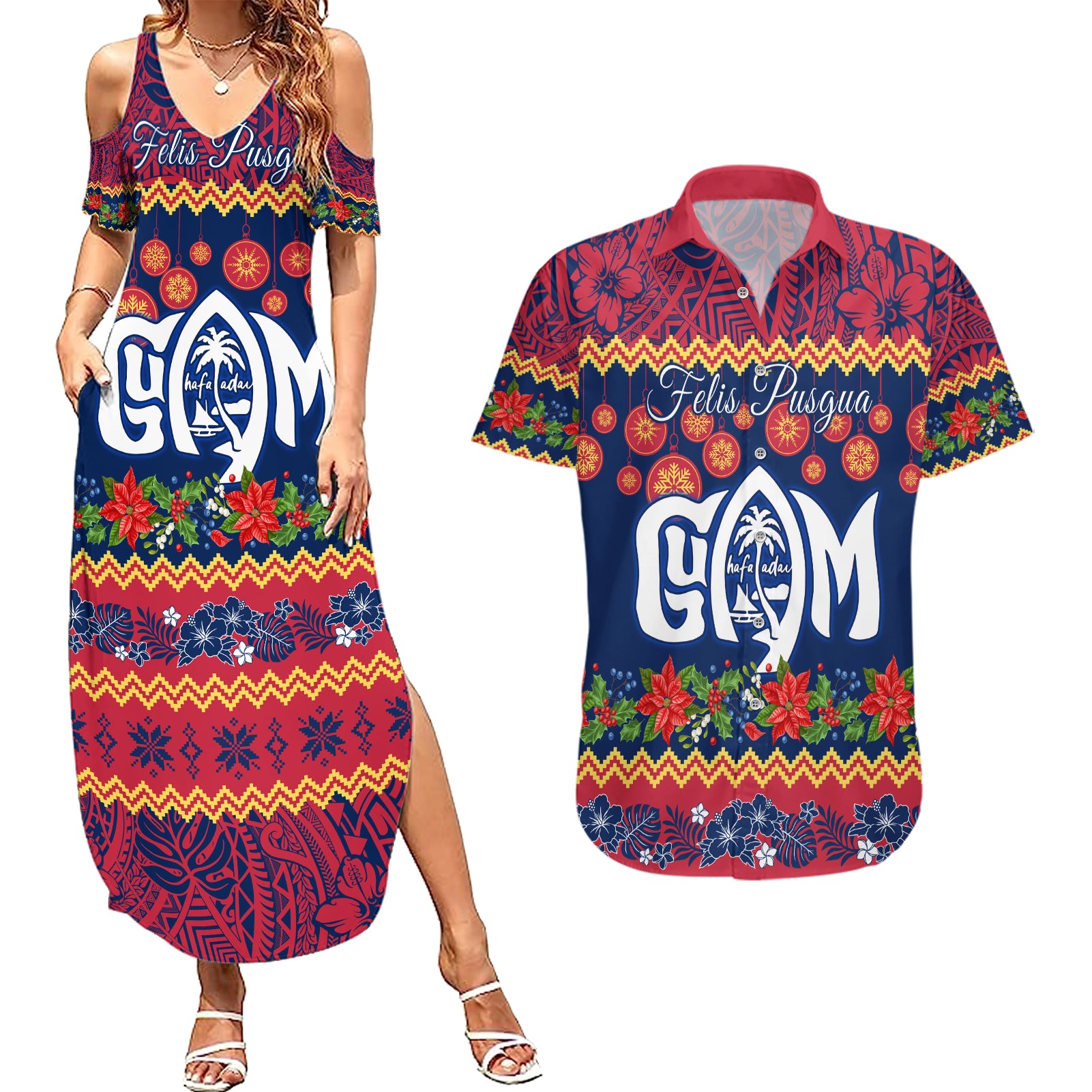 Personalised Guam Christmas Couples Matching Summer Maxi Dress and Hawaiian Shirt Felis Pusgua Santa Beach Polynesian Pattern LT9 Blue - Polynesian Pride