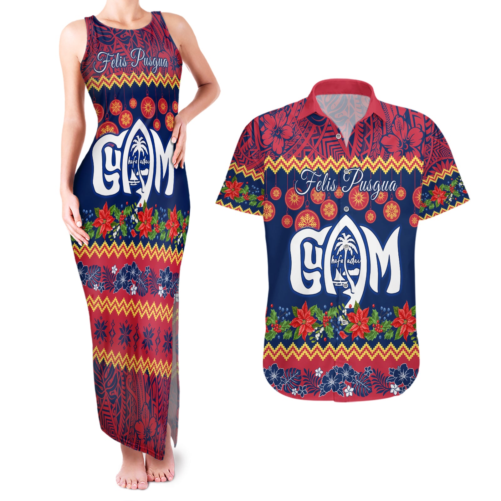Personalised Guam Christmas Couples Matching Tank Maxi Dress and Hawaiian Shirt Felis Pusgua Santa Beach Polynesian Pattern LT9 Blue - Polynesian Pride