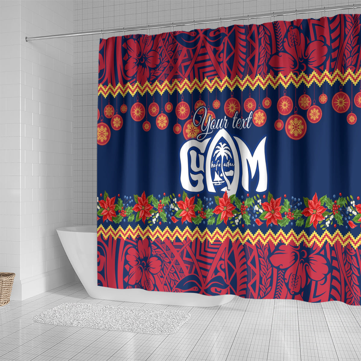 Personalised Guam Christmas Shower Curtain Felis Pusgua Santa Beach Polynesian Pattern LT9 - Polynesian Pride
