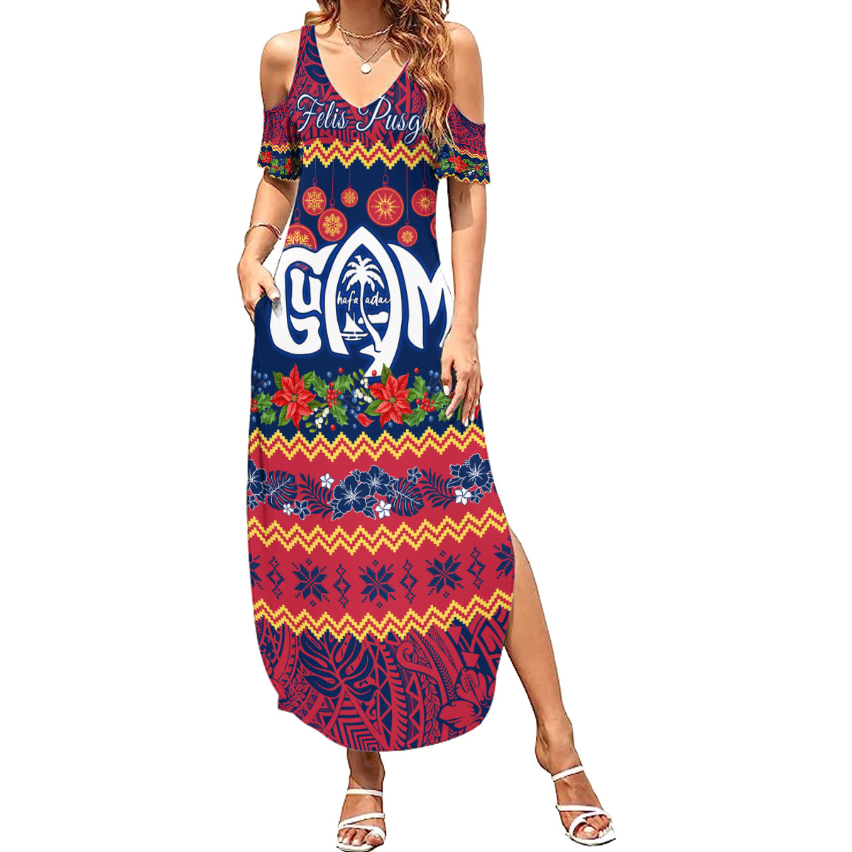 Personalised Guam Christmas Summer Maxi Dress Felis Pusgua Santa Beach Polynesian Pattern LT9 Women Blue - Polynesian Pride