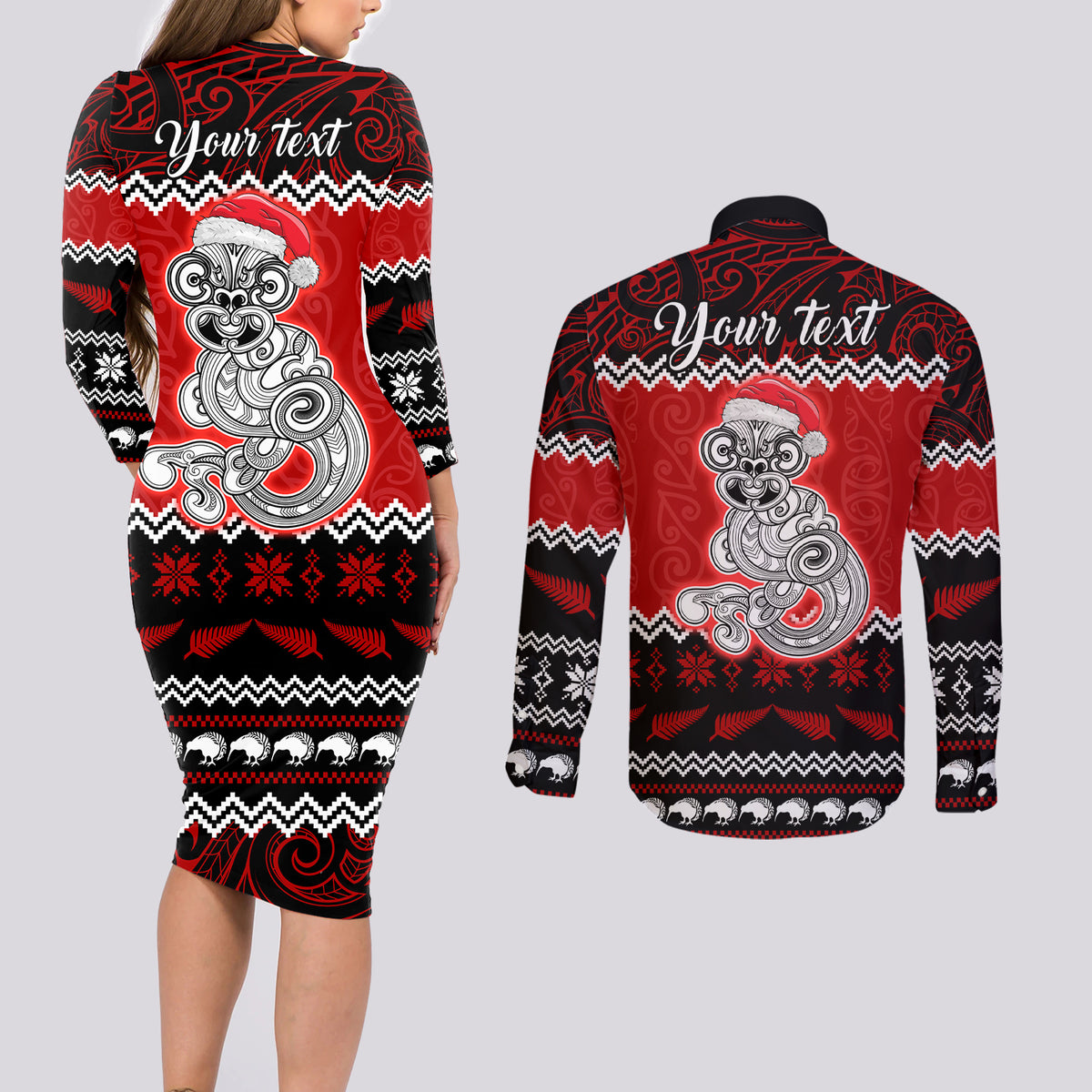 Personalised New Zealand Christmas Couples Matching Long Sleeve Bodycon Dress and Long Sleeve Button Shirt Maori Tiki Meri Kirihimete LT9 - Polynesian Pride