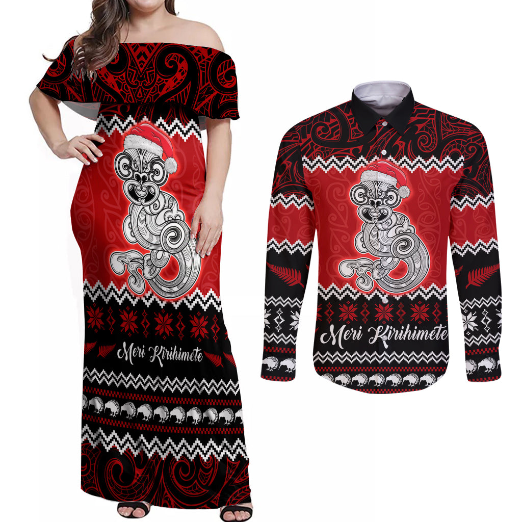 Personalised New Zealand Christmas Couples Matching Off Shoulder Maxi Dress and Long Sleeve Button Shirt Maori Tiki Meri Kirihimete LT9 Red - Polynesian Pride