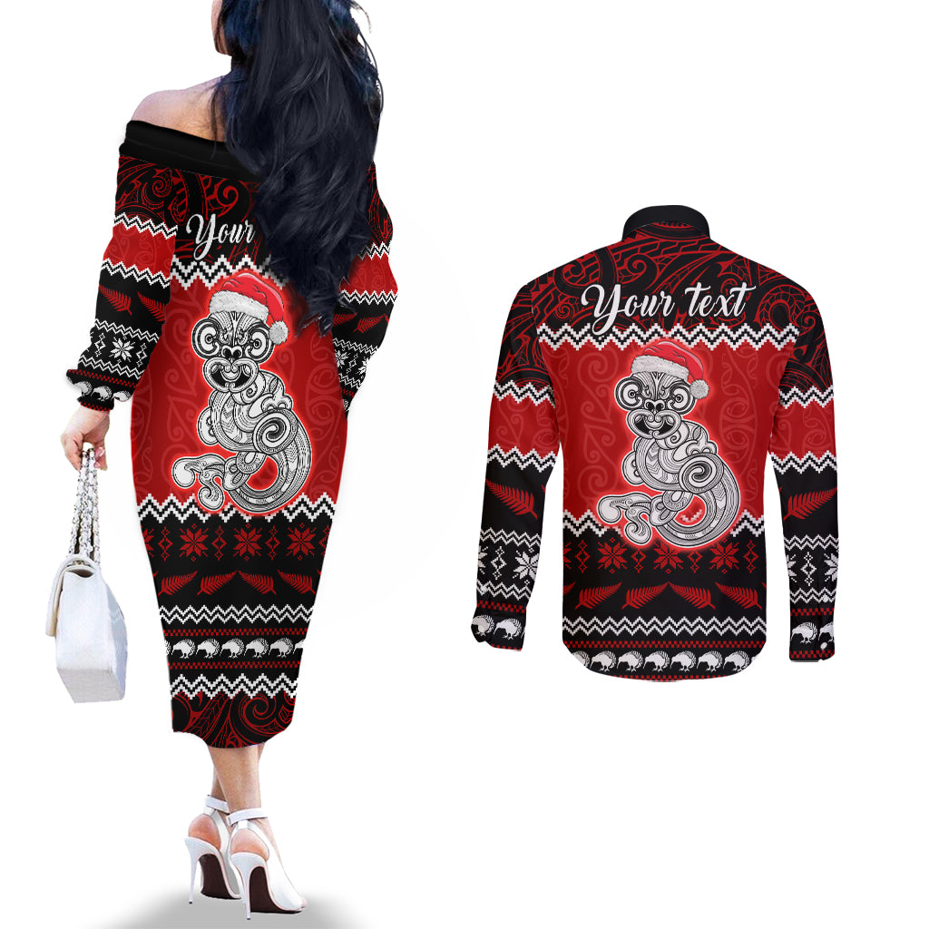 Personalised New Zealand Christmas Couples Matching Off The Shoulder Long Sleeve Dress and Long Sleeve Button Shirt Maori Tiki Meri Kirihimete LT9 - Polynesian Pride