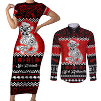 Personalised New Zealand Christmas Couples Matching Short Sleeve Bodycon Dress and Long Sleeve Button Shirt Maori Tiki Meri Kirihimete LT9 Red - Polynesian Pride