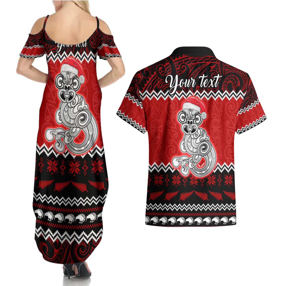 Personalised New Zealand Christmas Couples Matching Summer Maxi Dress and Hawaiian Shirt Maori Tiki Meri Kirihimete LT9 - Polynesian Pride