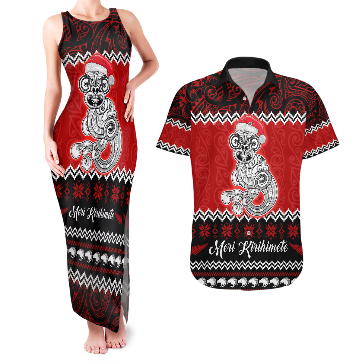 Personalised New Zealand Christmas Couples Matching Tank Maxi Dress and Hawaiian Shirt Maori Tiki Meri Kirihimete LT9 Red - Polynesian Pride