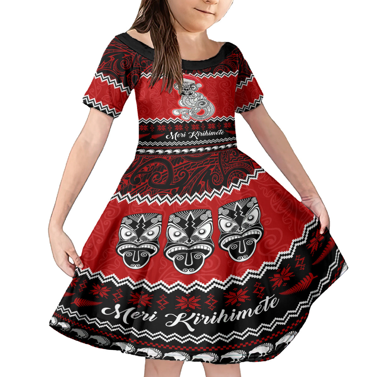 Personalised New Zealand Christmas Family Matching Off Shoulder Long Sleeve Dress and Hawaiian Shirt Maori Tiki Meri Kirihimete LT9 Daughter's Dress Red - Polynesian Pride