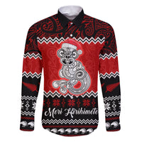 Personalised New Zealand Christmas Family Matching Puletasi Dress and Hawaiian Shirt Maori Tiki Meri Kirihimete LT9 Dad's Shirt - Long Sleeve Red - Polynesian Pride