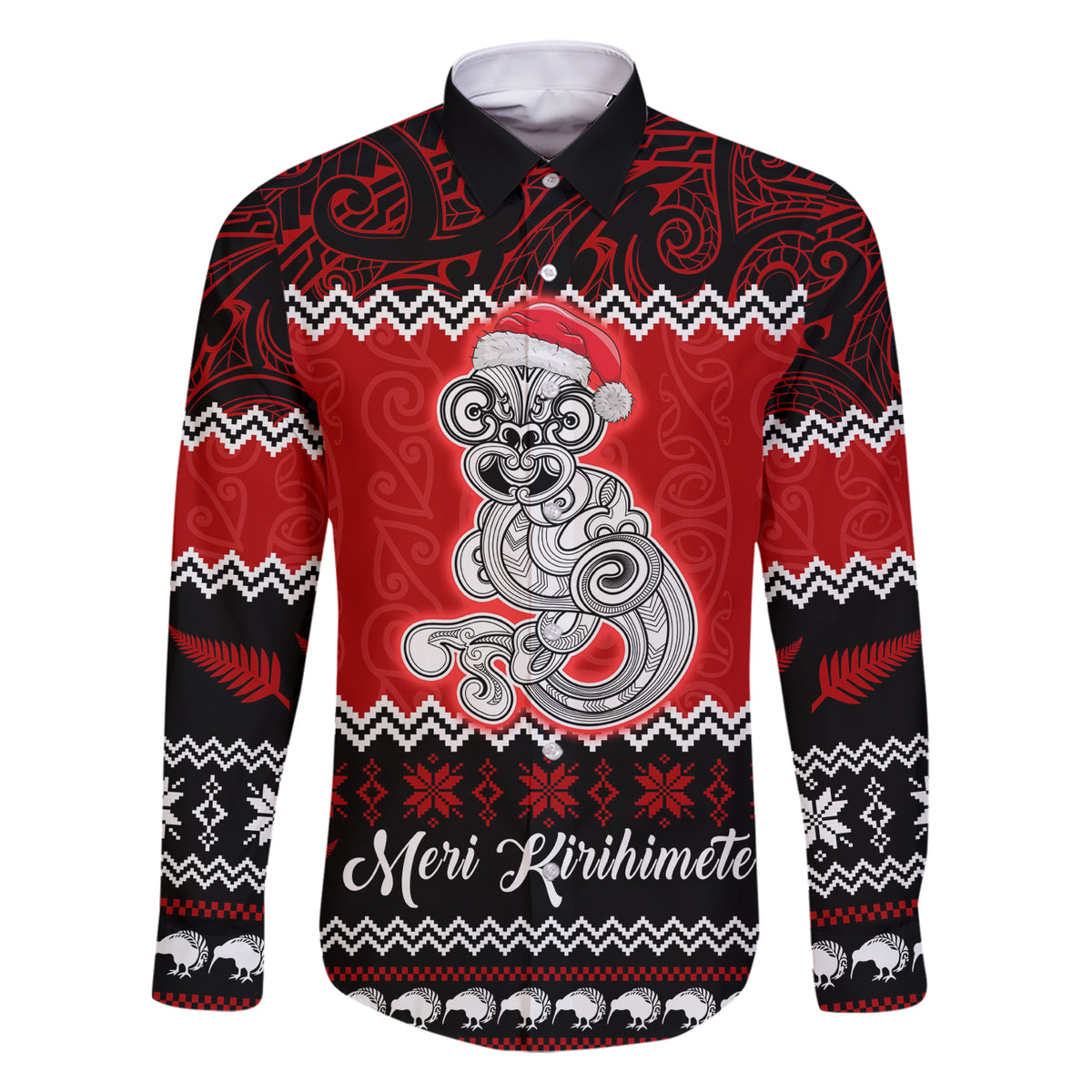 Personalised New Zealand Christmas Family Matching Short Sleeve Bodycon Dress and Hawaiian Shirt Maori Tiki Meri Kirihimete LT9 Dad's Shirt - Long Sleeve Red - Polynesian Pride