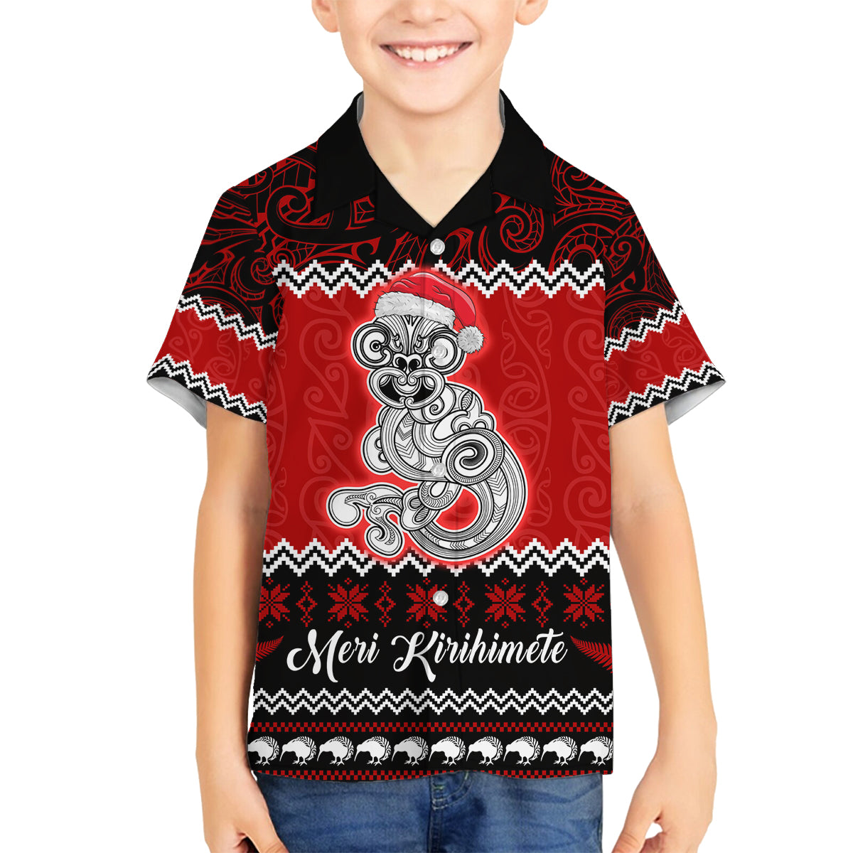 Personalised New Zealand Christmas Family Matching Tank Maxi Dress and Hawaiian Shirt Maori Tiki Meri Kirihimete LT9 Son's Shirt Red - Polynesian Pride