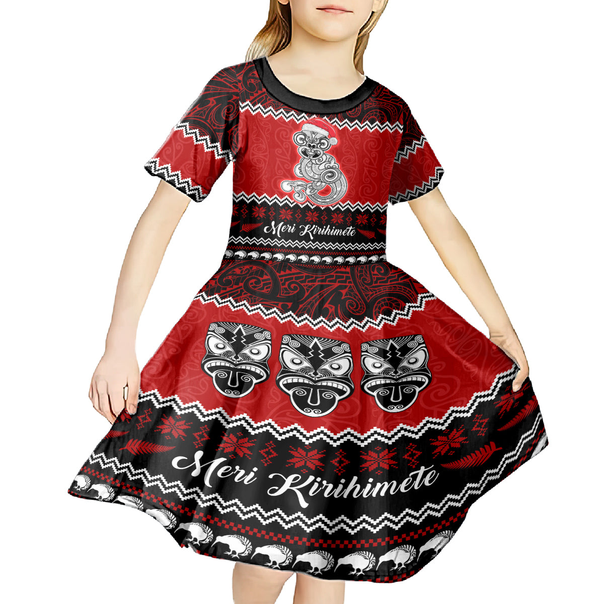 Personalised New Zealand Christmas Kid Short Sleeve Dress Maori Tiki Meri Kirihimete LT9 - Polynesian Pride