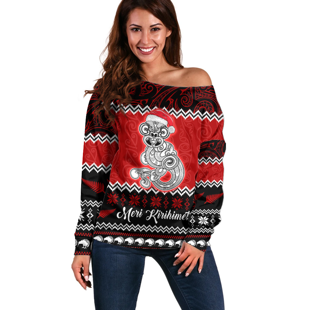 Personalised New Zealand Christmas Off Shoulder Sweater Maori Tiki Meri Kirihimete LT9 Women Red - Polynesian Pride