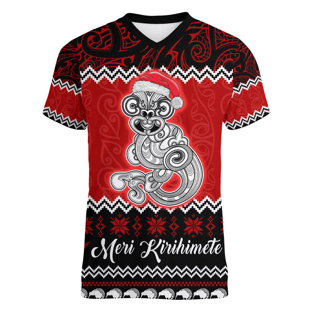 Personalised New Zealand Christmas Women V Neck T Shirt Maori Tiki Meri Kirihimete LT9 Female Red - Polynesian Pride