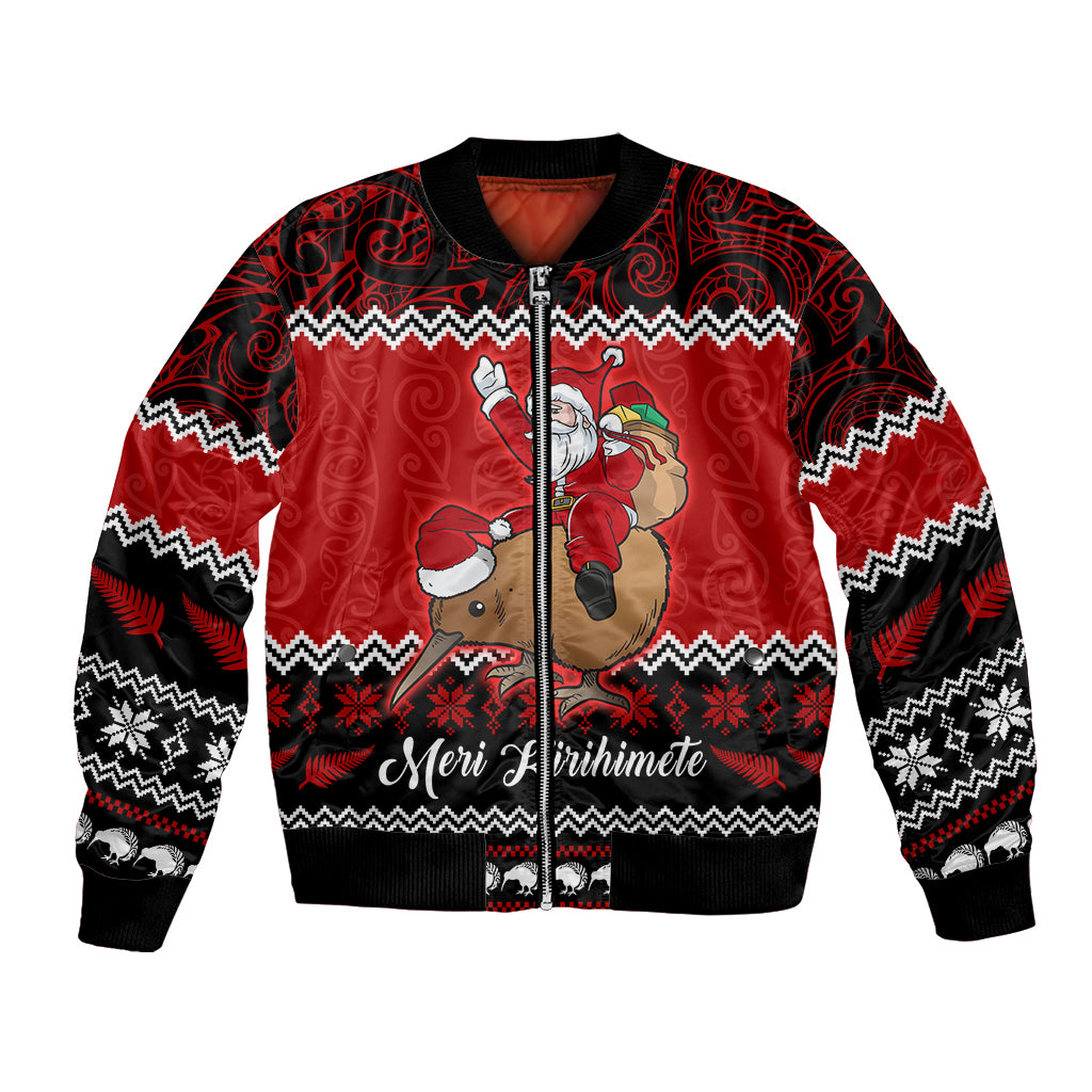 Personalised New Zealand Christmas Bomber Jacket Kiwi Santa Claus Maori Meri Kirihimete LT9 Unisex Red - Polynesian Pride