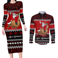 Personalised New Zealand Christmas Couples Matching Long Sleeve Bodycon Dress and Long Sleeve Button Shirt Kiwi Santa Claus Maori Meri Kirihimete LT9 Red - Polynesian Pride