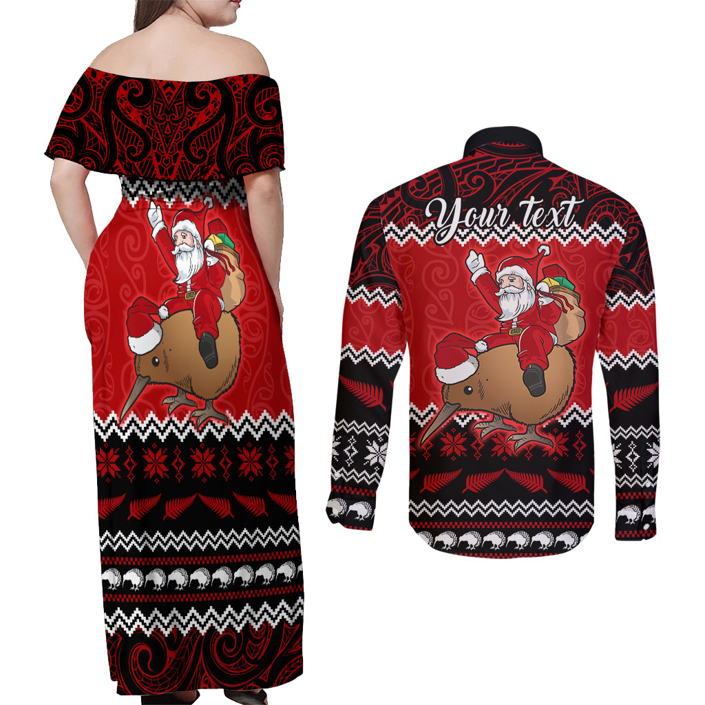 Personalised New Zealand Christmas Couples Matching Off Shoulder Maxi Dress and Long Sleeve Button Shirt Kiwi Santa Claus Maori Meri Kirihimete LT9 - Polynesian Pride