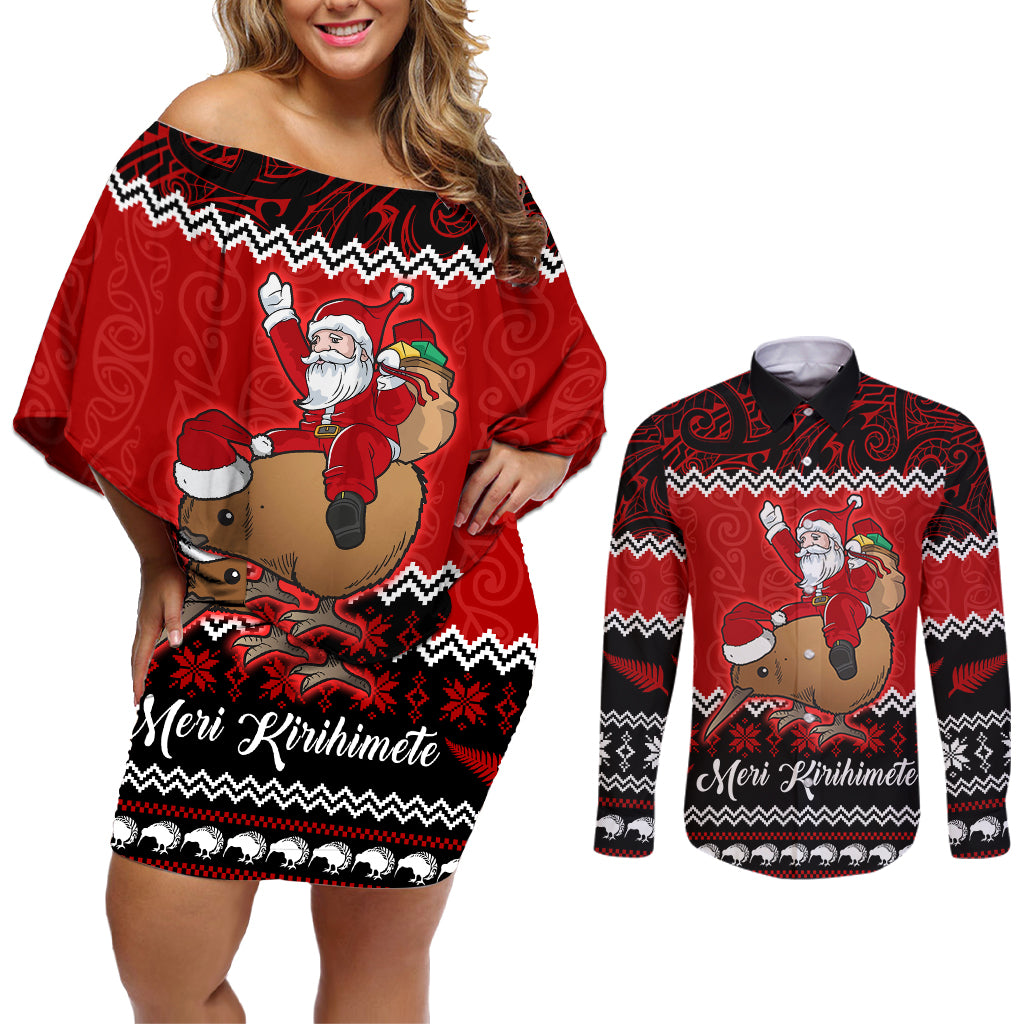 Personalised New Zealand Christmas Couples Matching Off Shoulder Short Dress and Long Sleeve Button Shirt Kiwi Santa Claus Maori Meri Kirihimete LT9 Red - Polynesian Pride