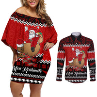 Personalised New Zealand Christmas Couples Matching Off Shoulder Short Dress and Long Sleeve Button Shirt Kiwi Santa Claus Maori Meri Kirihimete LT9 Red - Polynesian Pride