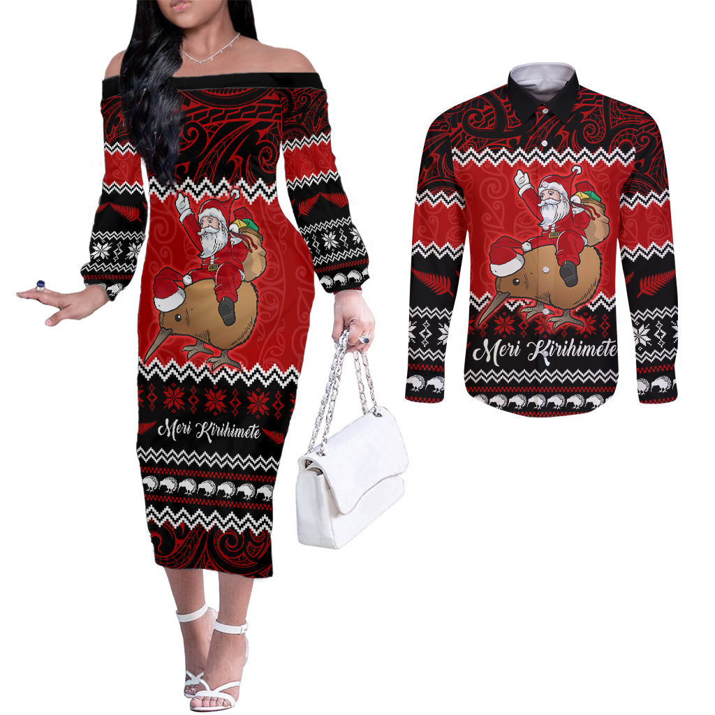 Personalised New Zealand Christmas Couples Matching Off The Shoulder Long Sleeve Dress and Long Sleeve Button Shirt Kiwi Santa Claus Maori Meri Kirihimete LT9 Red - Polynesian Pride
