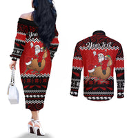 Personalised New Zealand Christmas Couples Matching Off The Shoulder Long Sleeve Dress and Long Sleeve Button Shirt Kiwi Santa Claus Maori Meri Kirihimete LT9 - Polynesian Pride