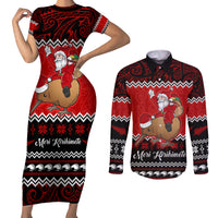 Personalised New Zealand Christmas Couples Matching Short Sleeve Bodycon Dress and Long Sleeve Button Shirt Kiwi Santa Claus Maori Meri Kirihimete LT9 Red - Polynesian Pride