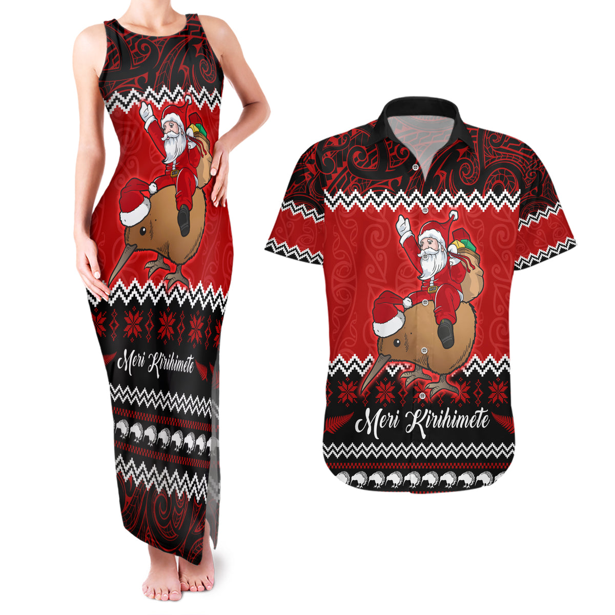 Personalised New Zealand Christmas Couples Matching Tank Maxi Dress and Hawaiian Shirt Kiwi Santa Claus Maori Meri Kirihimete LT9 Red - Polynesian Pride