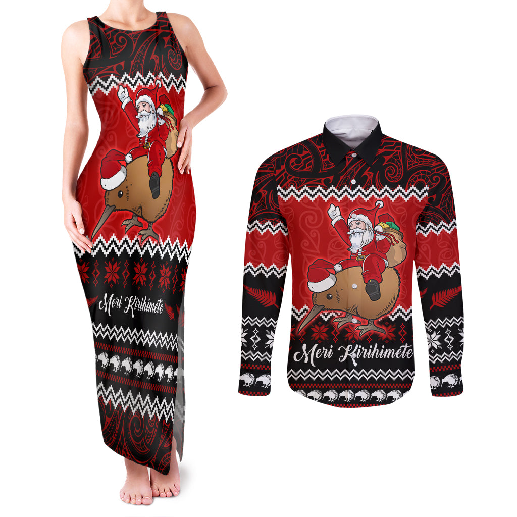 Personalised New Zealand Christmas Couples Matching Tank Maxi Dress and Long Sleeve Button Shirt Kiwi Santa Claus Maori Meri Kirihimete LT9 Red - Polynesian Pride